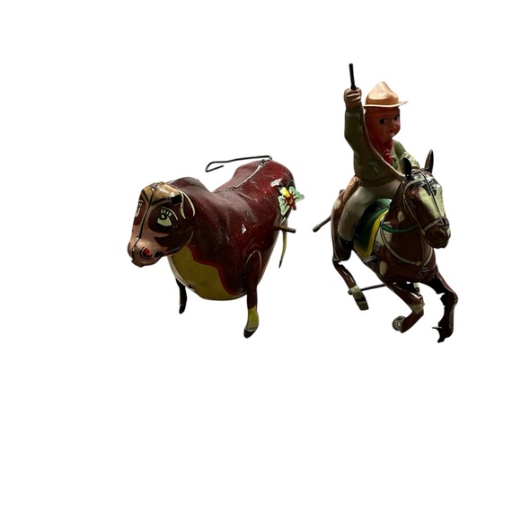Vintage 1930s tin toys Ferdinand the bull and cowboy set of two